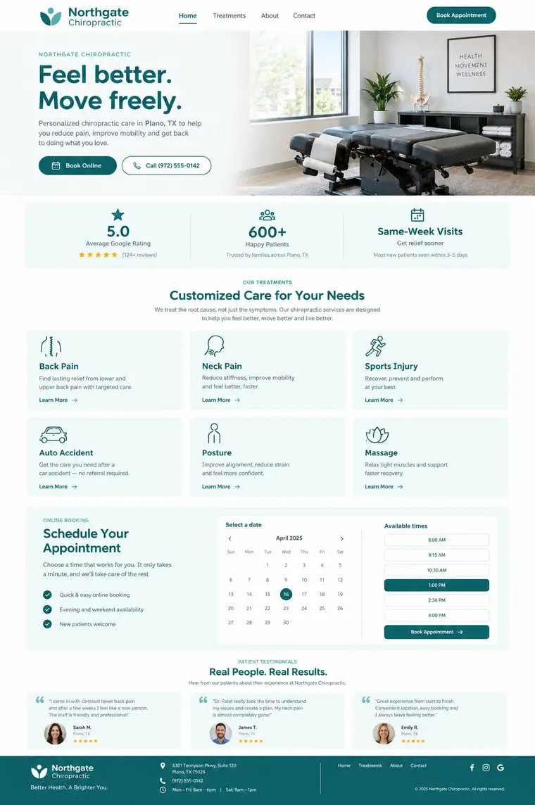 Website design concept for a chiropractic clinic