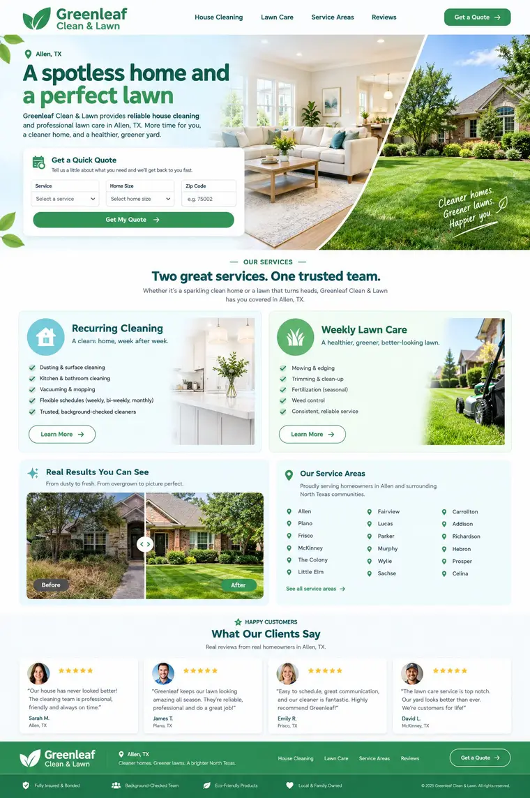 Full-page website design concept for Greenleaf Clean & Lawn, a fictional cleaning & lawn business