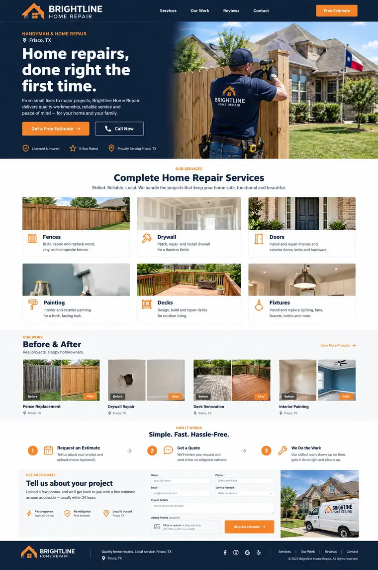 Full-page website design concept for Brightline Home Repair, a fictional home services business