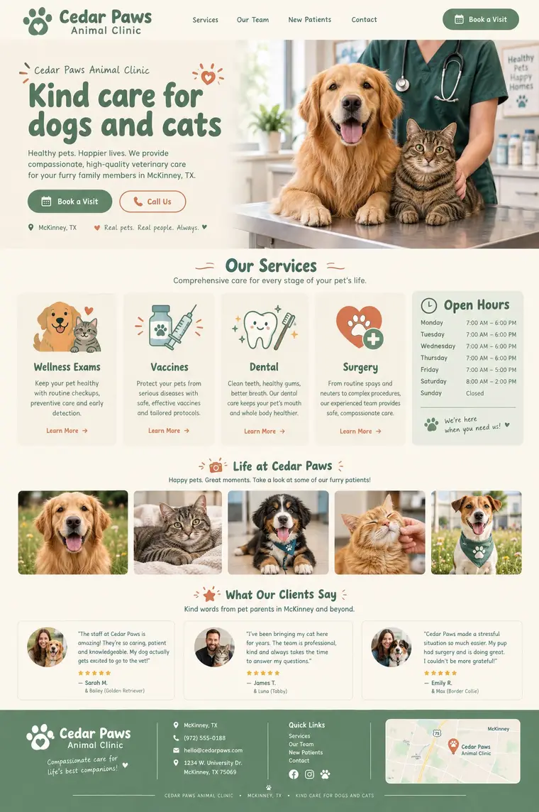 Full-page website design concept for Cedar Paws Animal Clinic, a fictional pet care business