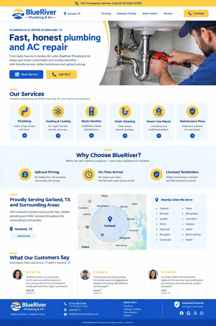 Full-page website design concept for BlueRiver Plumbing & Air, a fictional trades business