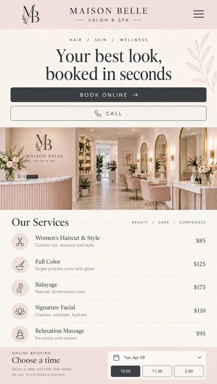 Salon website design concept on a phone